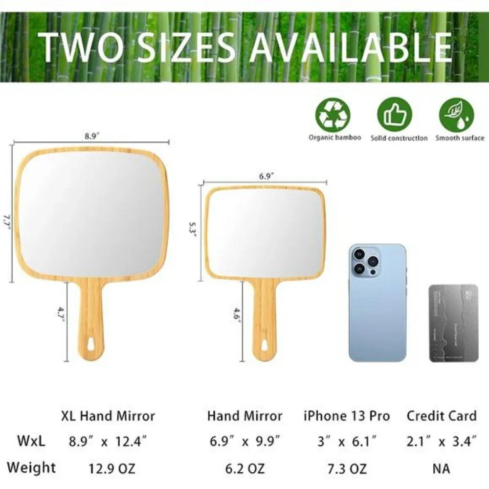 Natural Bamboo Handheld Mirror with Handle, Portable 6.9